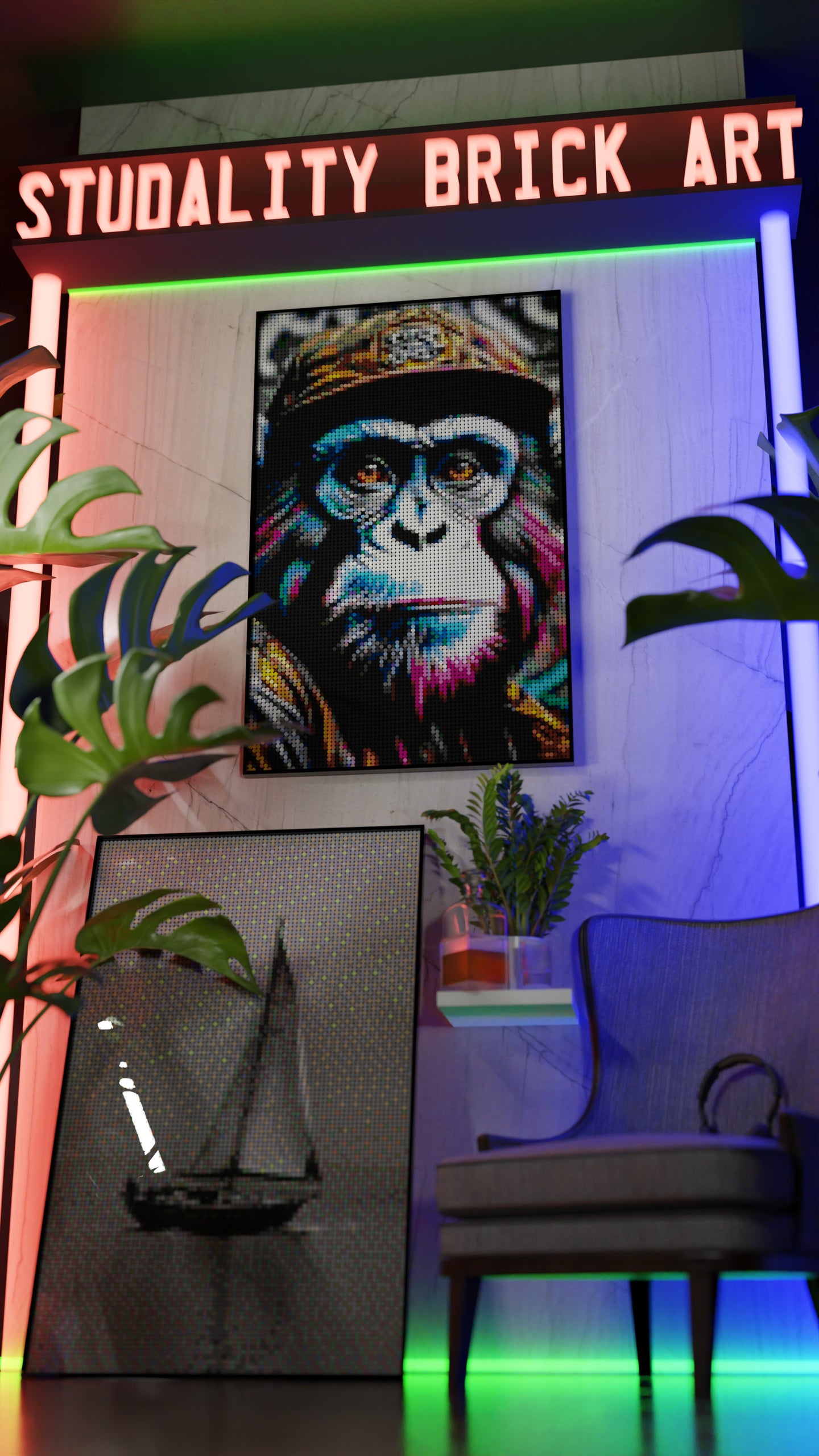 Ape Hop Movement LEGO® Style mosaic wall art made from colorful plastic bricks